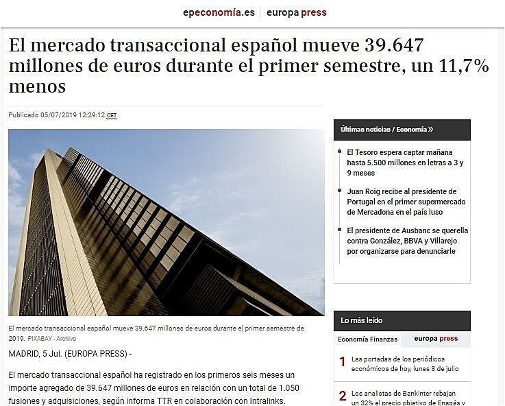 El mercado transaccional espaol mueve 39.647 millones de euros durante el primer semestre, un 11,7% menos